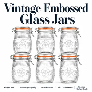 32 oz Transparent Reusable Wide-Mouth Rustic Vintage Heavy-Duty Glass Mason Jars with Airtight Silicone-Lined Metal Lids, Kitchen Preserving Containers for Canning, Meal Prep, Food Storage