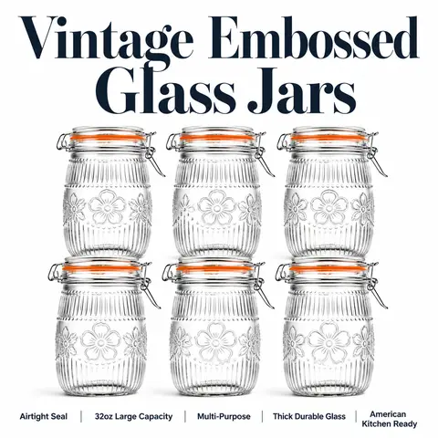 Kitchen Wide-Mouth 32 oz Lead-Free Transparent Reusable Glass Mason Jar Canisters - Rustic Vintage Heavy-Duty Stackable Anti-Leak Utensils with Airtight Silicone-Lined Metal Lids for Canning, Aesthetic Food Storage
