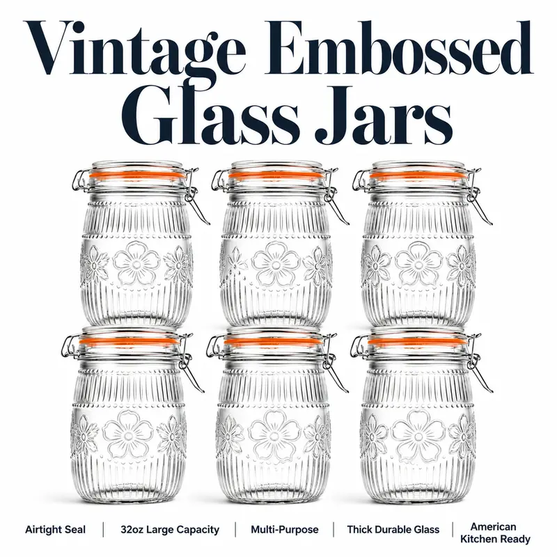 Kitchen Wide-Mouth 32 oz Lead-Free Transparent Reusable Glass Mason Jar Canisters - Rustic Vintage Heavy-Duty Stackable Anti-Leak Utensils with Airtight Silicone-Lined Metal Lids for Canning, Aesthetic Food Storage