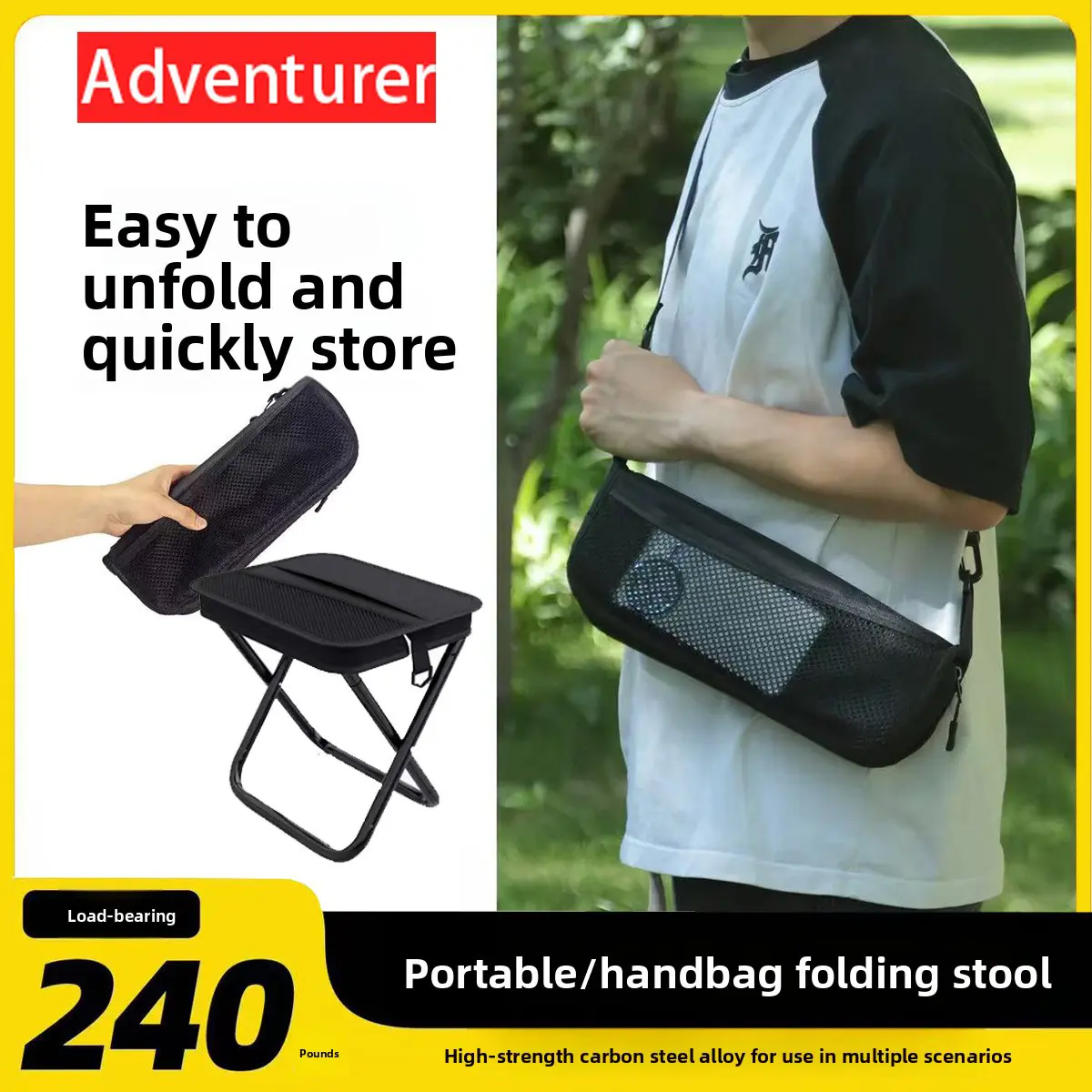 Adventurer Outdoor Backpack Folding Stool with High Carbon Steel Frame Pen Case Stool Shoulder Bag Stool Sports Folding Chair Handbag for Camping Fishing Hiking Sketching Subway and Waiting in Line Portable and Easy Camping Gear