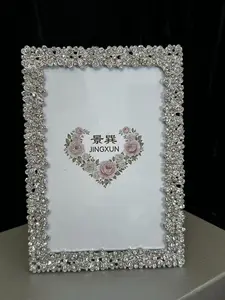 JINGXUN Luxury Crystal Flower Photo Frame – Rectangular Rhinestone Picture Frame for Home & Wedding Decor