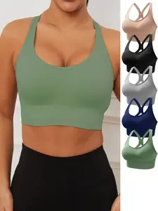 5pcs Solid Adjustable Racer Back Sports Bra, Comfy & Breathable Push Up Fitness Bra, Women's Lingerie & Underwear