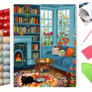 5D Full Drill Diamond Painting Kit, Cozy Blue Living Room with Black Cat & Bookshelf Art for Home Wall Decor, DIY Craft with Sparkling Rhinestones, Canvas & Tools, Perfect for Cat Lover & Cottagecore Themed Decoration