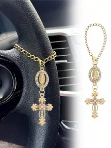 Steering wheel pendant with Virgin Mary pendant and pearl, diamond cross steering wheel accessory, Catholic pendant, car accessory, cross keychain, adjustable chain