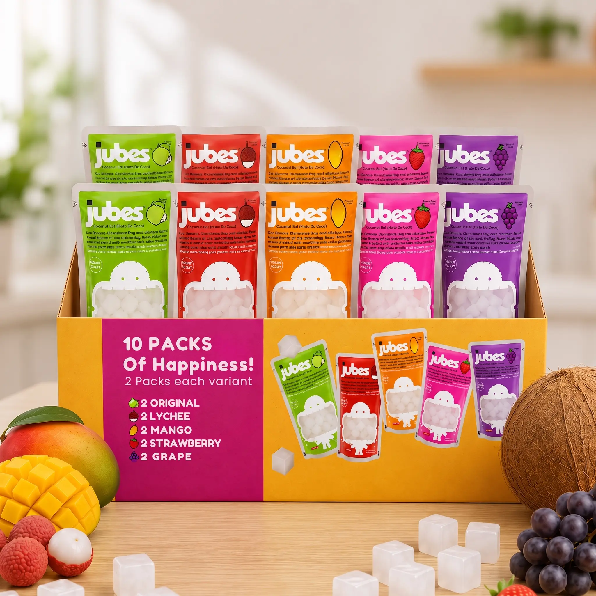 Jubes Nata De Coco Variety Pack, 10-Count (2 of Each Flavor), Assorted Coconut Jelly Cubes