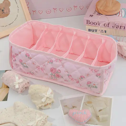 Cute Strawberry Underwear Socks Portable Storage Basket, Quilted Floral Foldable Storage Organizer, Large Capacity Partition Bin, Fabric Home Storage, Room Organization Products, Foldable Storage Bins
