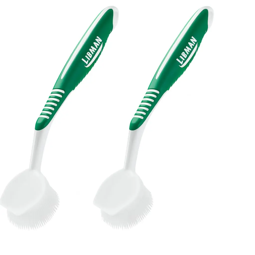 Libman Soft Bristle Dish Brush - Kitchen Household Dish Cleaning Tool with Rubber Non-Slip Handle, Polymer Fiber Bristles and Scraper Edge, 2 Pack