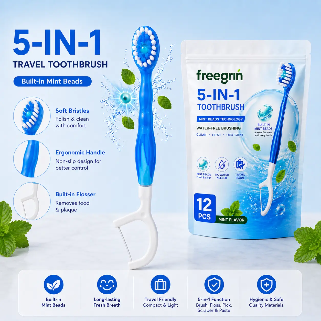 Freegrin 12 Pcs Compact Handy Mini Disposable Toothbrushes with Freshening Mint Beads, Individually Wrapped - 5-in-1 No-Water Travel Toothbrush with Built-in Floss Pick, Soft Bristles, Portable Oral Care for Travel, Work, Fresh Breath Cleanser
