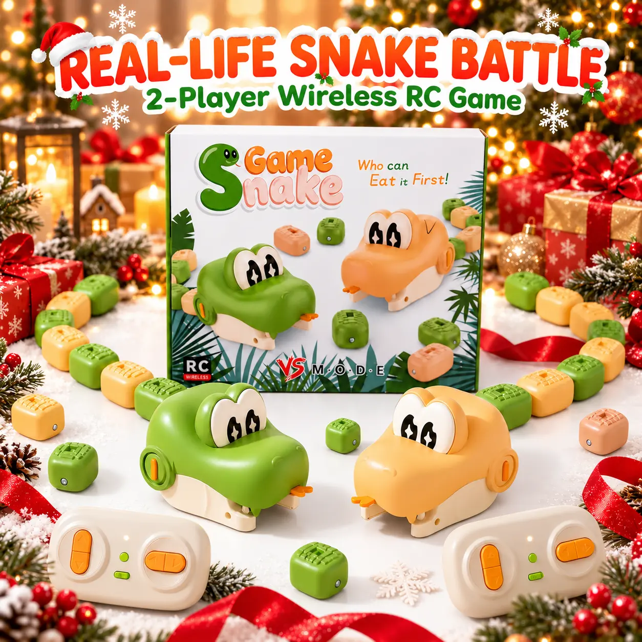 2-Pack Real-Life Snake Game, 2-Player Remote Control Eat & Grow Battle Toy with LED Lights & Music, Rechargeable Racing Game, Family Party Christmas Gift for Kids