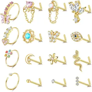16Pcs 20G Nose Rings Dangle Nose Ring L Shaped for Women Men Stainless Steel Dangling Heart Butterfly Moon CZ Nose Rings Hoops Studs Nose Piercing Jewelry Gold Rose Gold Silver Black