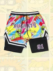 Men's Cartoon Print Faux Two-Piece Shorts Ip Style, Basketball Shorts, Vintage Sporty Layered Mesh Shorts, Casual Streetwear