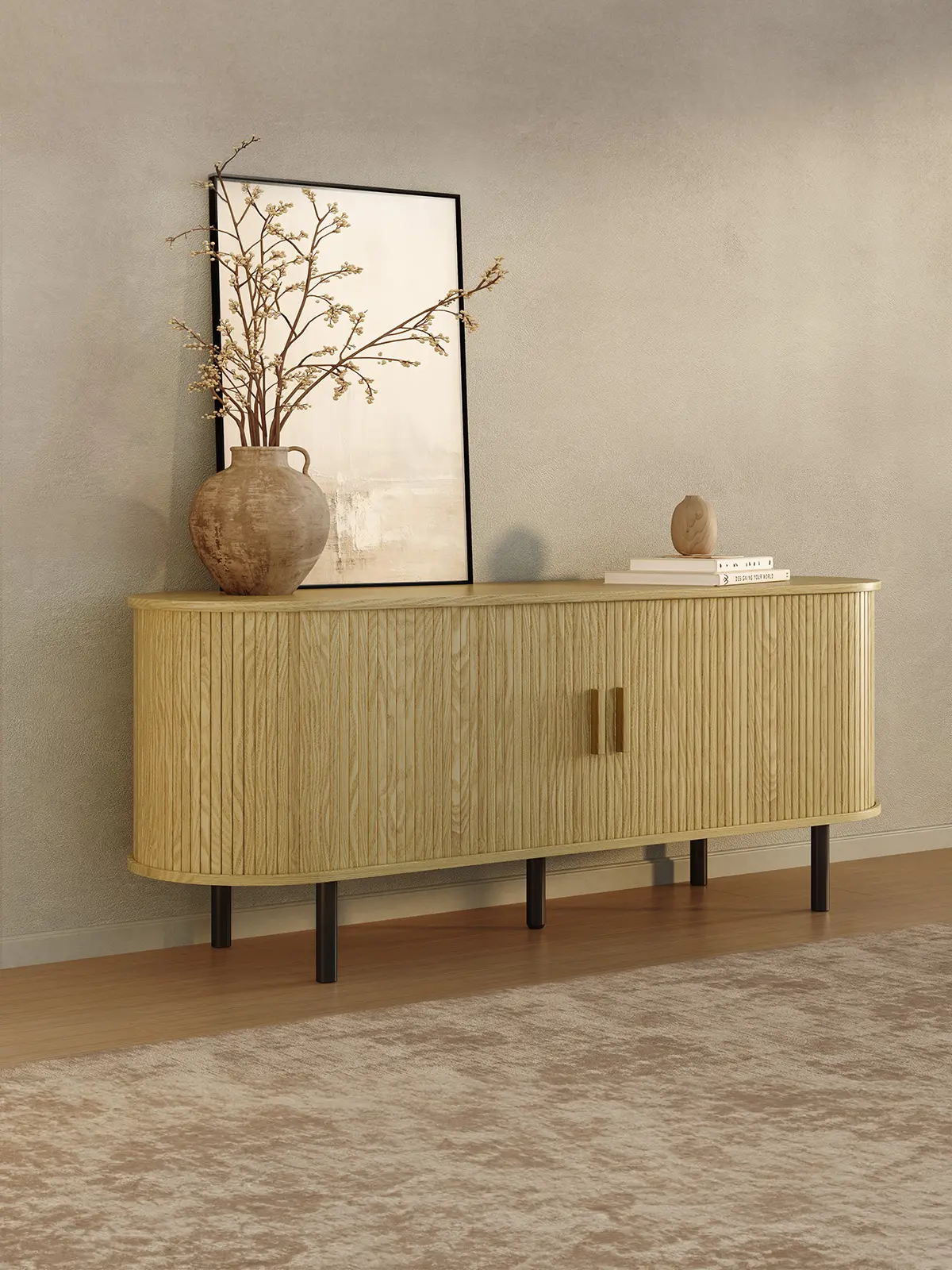 【SummerFinds】ONBRILL Minimalist Engineered Wood TV Stand - 55"/63" Fluted Television Stand, Fits Max 60"/70" TVs, 15.7"d x 55.1"w x 21.7"h, Living Room Furniture with Power Outlets, Adjustable Shelves, Minimalist Tv Stand