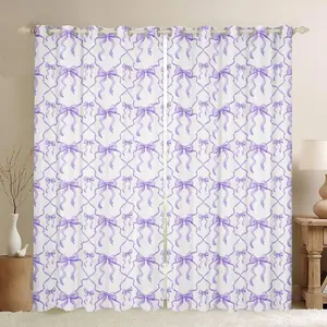 Purple Bow Curtain for Kids Teen Women,Cute Ribbon Bowknot Window Curtain for Girls Kawaii Watercolor Bow Tie Window Treatments,Purple White Princess Bow Curtains & Drapes