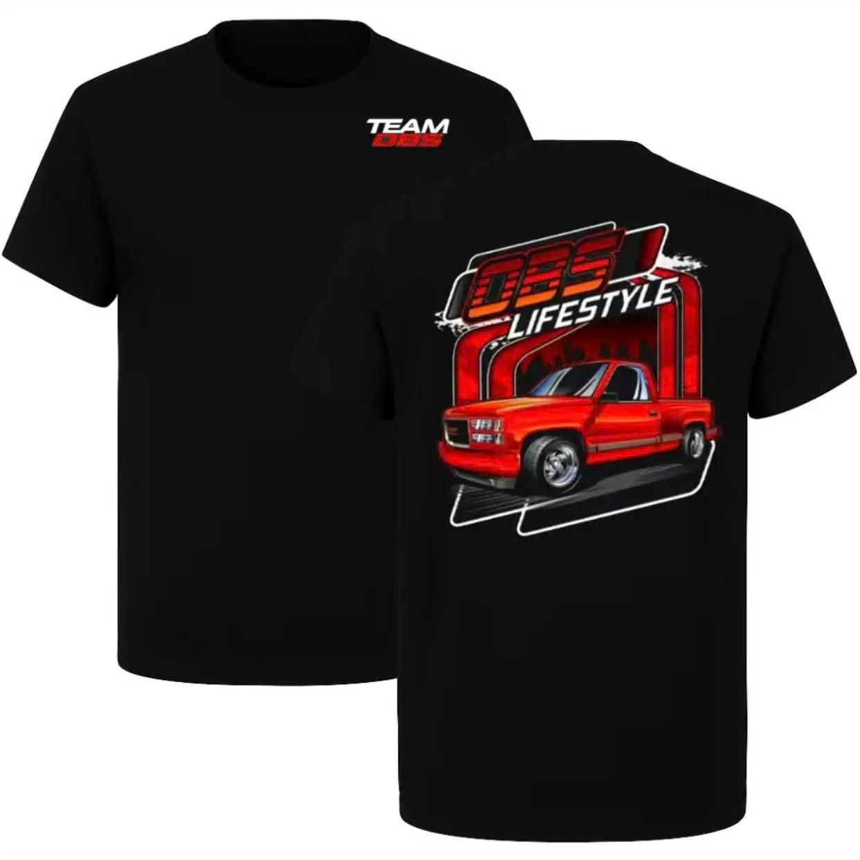 Team OBS Lifestyle 2-Sided T-Shirt – Red GMC OBS Pickup Graphic Tee, Lowered Street Truck Apparel