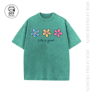 Holafish Women's Acid Washed Short-Sleeve Graphic T-Shirt - Daisy Print, Drop Shoulder, Baggy Fit, Comfortable Casual Streetwear Clothing, Shortsleeve