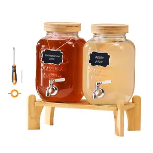 VEVOR Beverage Dispenser, 2 Pack 1 Gallon Drink Dispensers for Parties, Glass Juice Dispenser with Wood Stand, Stainless Steel Spigot, Infuser, Iced Tea Lemonade Juice Water Dispensers for Parties