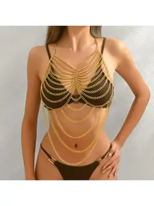 Light Luxury Nightclub Sexy Adjustable Metal Chain Multi Layer Exaggerated Body Chain, Senior Sense Hollow Design Accessory For Hot Girls, Gold And Silver Two Color Slimming Clavicle Chain, Perfect For Party, Bar, Vacation And Photoshoot