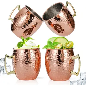 Moscow Mule Mugs Set of 4, 16 OZ Hammered Copper Cups with 304 Stainless Steel Lining and Gold Brass Handles, for Cold Drinks, Beer, Wine, Bars, Parties