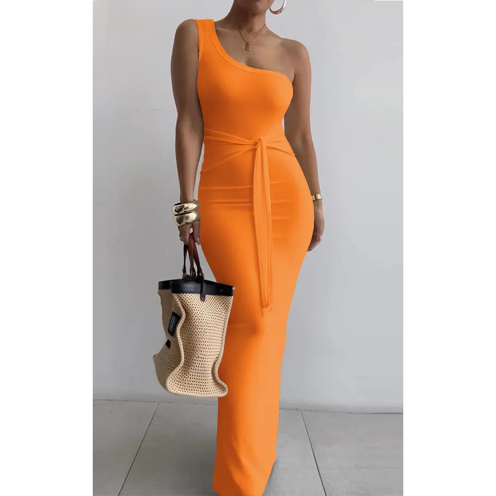 Womens Summer One Shoulder Long Dress Sexy Slim Sleeveless Bodycon Party Cocktail Maxi Dresses for Women
