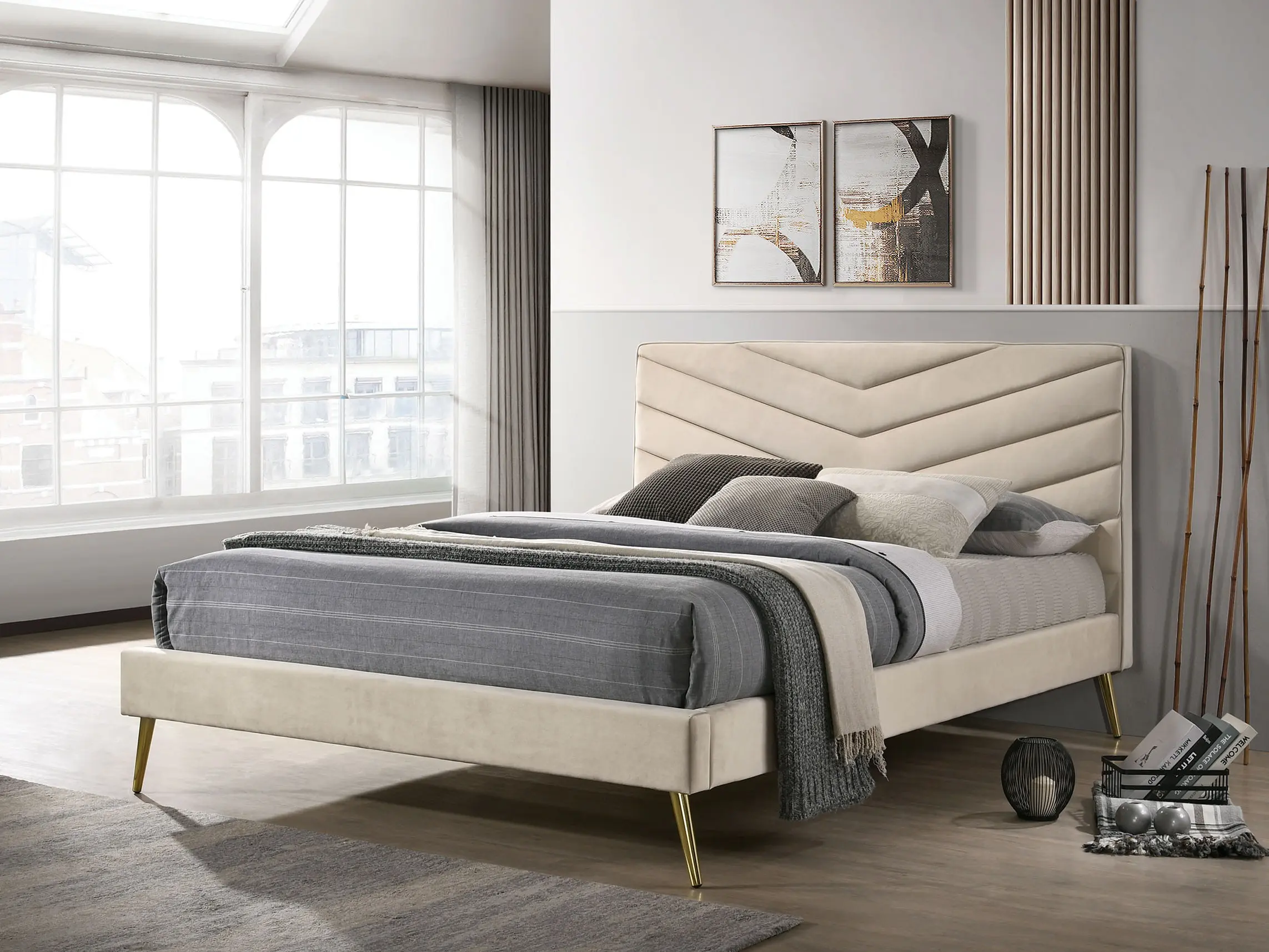 Milan Mid-Century Tufted Bed with Gold Legs – Twin, Full, Queen, King by Furniture of America, Bed Frame, Full Size Beds