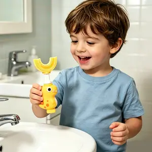 Dinosaur U-Shaped Toothbrush with Storage Case, Baby 360° Cleaning Tool with Soft Silicone Bristles, Suitable for 0-6 Years, Travel Essential, Adorable Dinosaur Design