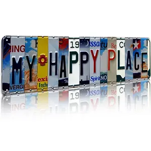 My Happy Place License Plate Style Metal Sign, 16x4 Inch Aluminum Wall Art, Rustic Vintage Decor for Home, Living Room, Bedroom, Porch, Farmhouse