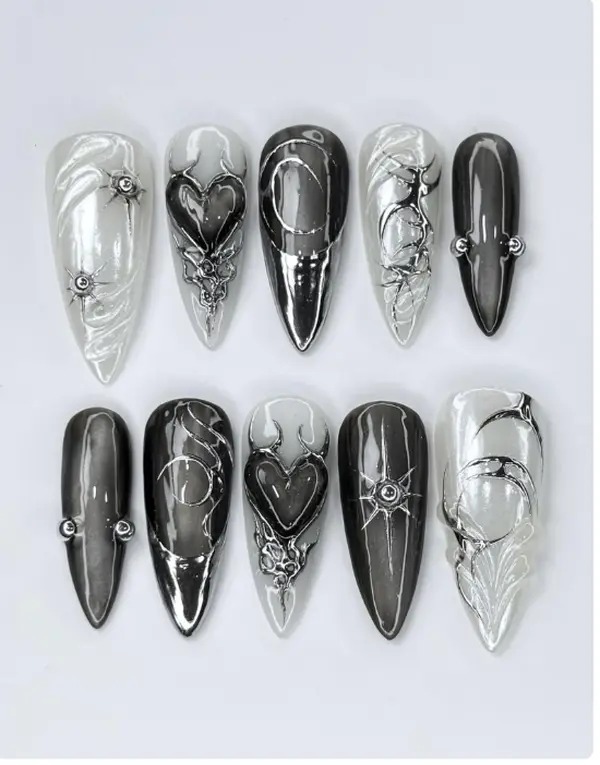 Gothic Chrome Press On Nails, Long Black and Silver Nails with 3D Heart, grunge nails, Goth press on nails, Gothic Nails, Chrome Black Nails