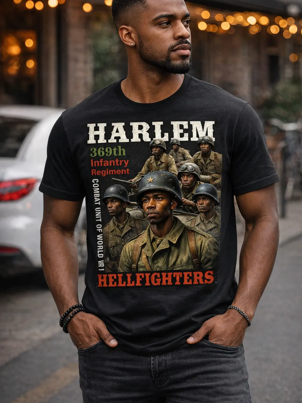DEMARCIANO Men's Harlem Hellfighters Commemorative Short-Sleeve Baggy Shirt, WWI Historical Graphic Art Premium Cotton Tee, Casual Loose Menswear Top for All Seasons