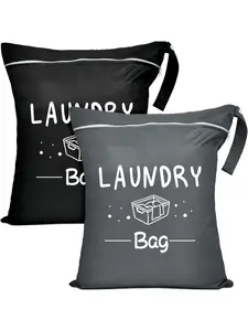 2pcs Black + Gray Laundry Bags, Adjustable Handles And Zipper Closure, Durable Polyester, Washable, Ideal For Travel, Gym, Yoga, Home Use, Stylish "Laundry Bag" Design, Red, Green, Gray, Black, Laundry Room Accessories, Gym Bag, Casual Style