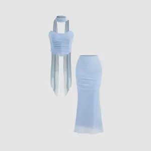 Cider Mesh Halter Neckline Crop Bandeau Top & High Rise Ruched Mermaid Maxi Skirt Set