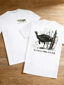Unisex Sitka Gear Front & Back Graphic T-Shirt, Casual White Crewneck Tee with Logo Chest & Wild Turkey Sketch Print, Soft Breathable Cotton Blend Outdoor Everyday Top for Men and Women