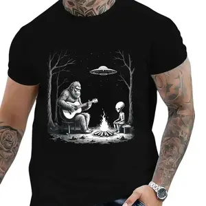 Retro Bigfoot Playing Guitar With Alien At Campfire T-Shirt, Men's Unique UFO Graphic Tee, Casual Streetwear For Outdoor Lovers