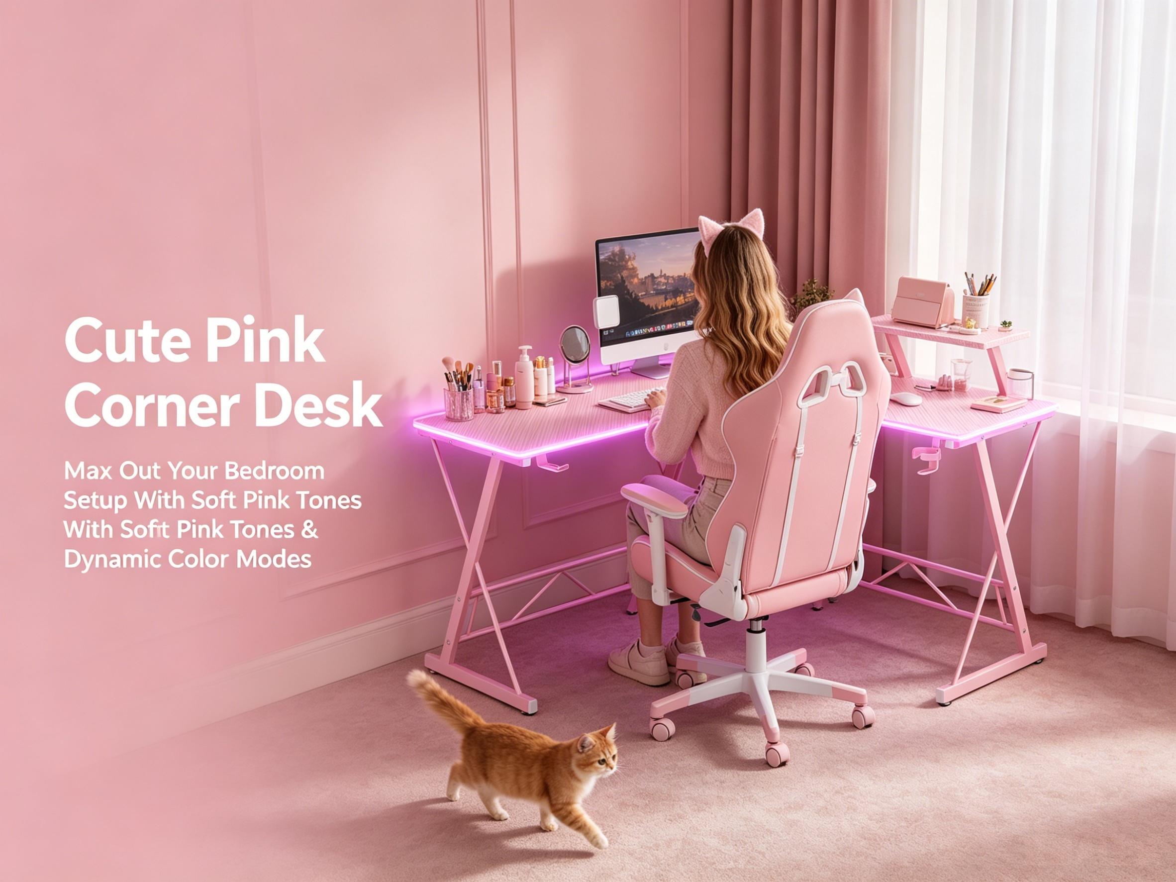 【PINK RGB Desk!!!】Mr IRONSTONE Gaming Desk with Led Lights,Corner Computer Desk with Carbon Fiber Surface,L shaped desk, Home Office Desks Writing Workstation with Large Monitor Stand, Easy to Assemble 51 Inch
