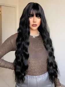 "Black Wig with Dark Roots, Ombre Brown Wig with Bangs, Pre-Cut Bangs, Heat-Resistant Synthetic Wig, Wavy, Glueless, Beginner-Friendly, Daily Wear, 28 Inches."