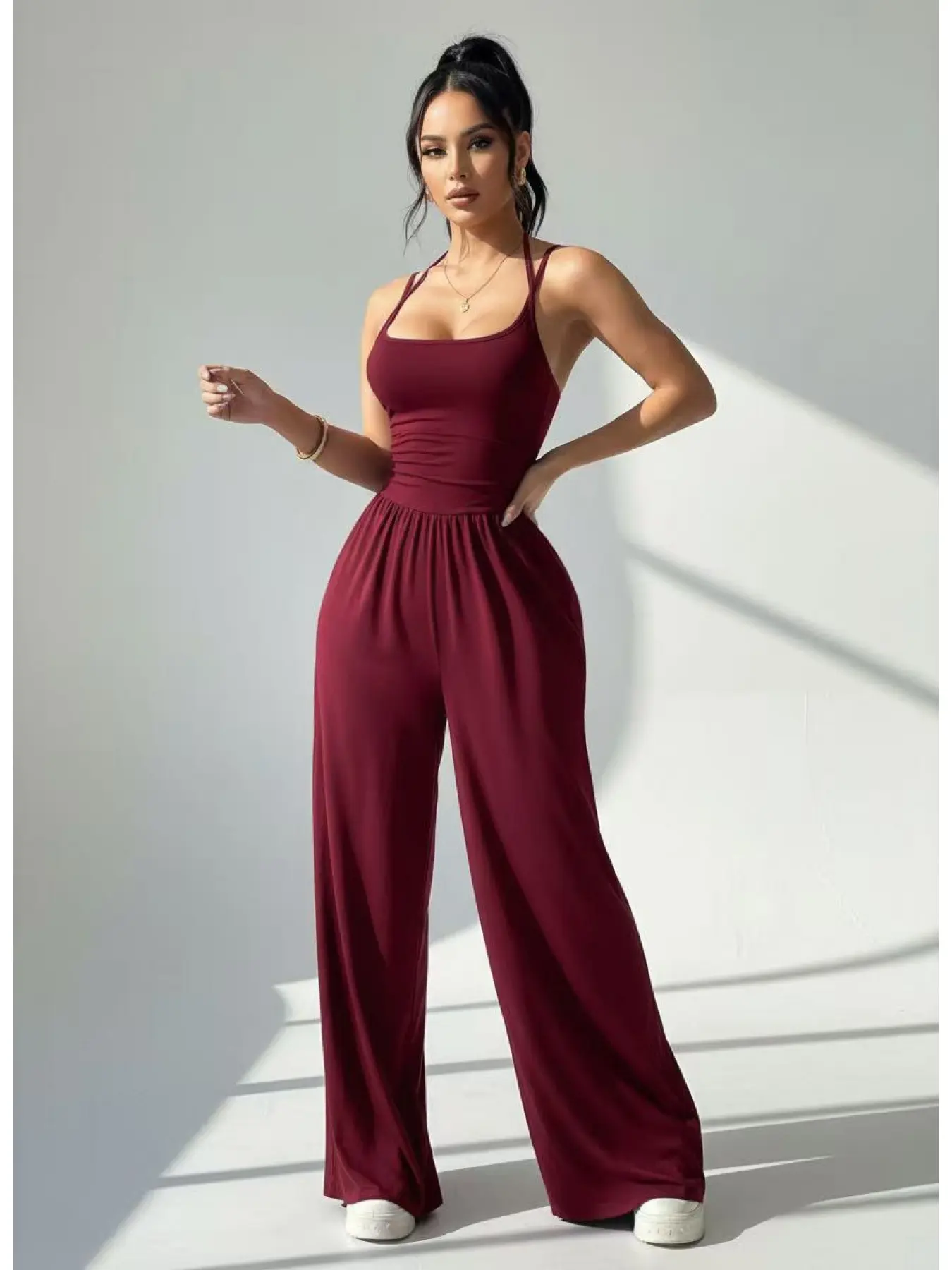 Three Colors Wine Backless Cross Strap Sleeveless Wide Leg Jumpsuit Jumpersuit, Casual Slimming Fit Long Pants, Party Wear, All Seasons