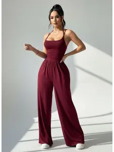 Three Colors Wine Backless Cross Strap Wide Leg Jumpsuit, Casual Slimming Fit Long Pants for All Seasons