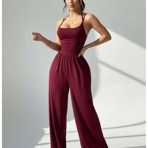 Three Colors Wine Backless Cross Strap Spaghetti Strap Wide Leg Jumpsuit, Casual Slimming Long Pants, Party Wear, All Seasons
