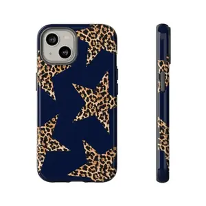 Luxury Y2K Vintage Aesthetic Navy Leopard Print Star Tough Rubber Smartphone Case - Trendy Protection Accessories for iPhone 11,12,13,14,15,16,17 Pro Max Plus Cellphone, Handheld Devices