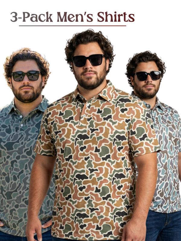 3-Pack or 1-Piece Men's Duck Camo Golf Polo Shirt Short Sleeve Stretch Pique Dry Fit Moisture Wicking Performance Distressed Print Bundle