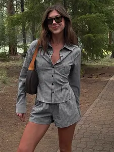 Women's French Style Casual Lazy Commuter Plaid Set, Lounge Shorts Set, Fashionable Elastic Waist Loose Shorts & Button Front Long Sleeve Fitted Shirt Top, Spring & Fall Two-Piece
