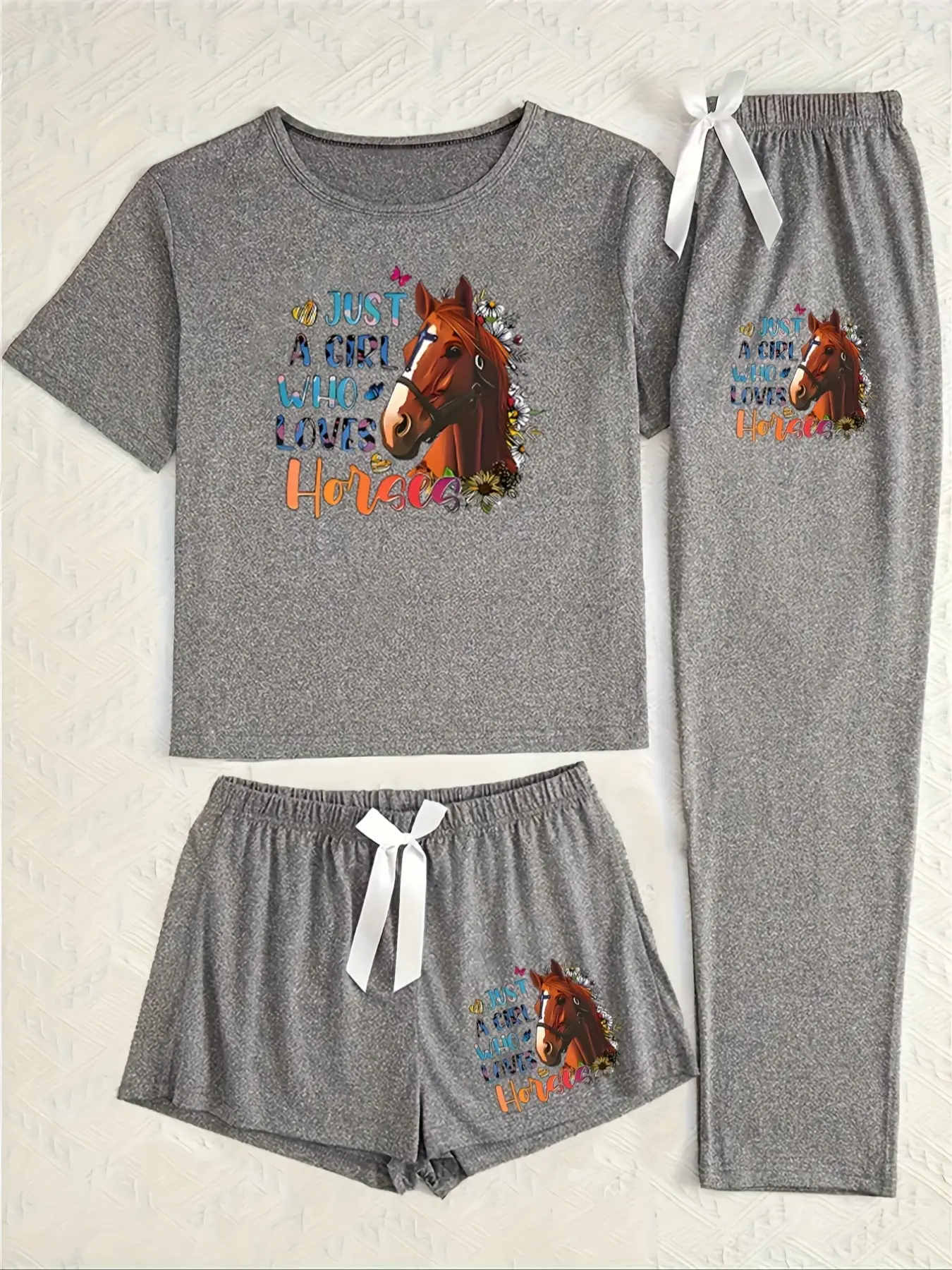 Women's Cartoon Colorful Letter Horse Head Print Sleepwear Set, Casual Loungewear Outfits Fitted Three-Piece Knit Loungewear Pajamas, Pajama Shorts, All Seasons Comfortable Nightwear Loungewear Casual Homewear Womenswear Loungewear Pjs