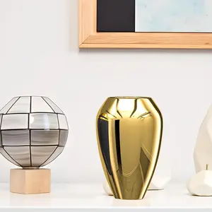 Small Glossy Gold Vases Home Decor,Round Ceramic Vase,Gold Vase for Pampas Grass,Minimalist Modern Home Decor,Table,Fireplace,Shelf,Mantel,Entryway and Centerpieces
