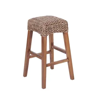 JONATHAN Y Maui Rustic Bohemian Hyacinth/Wood Backless Bar Stool, Brown Wash Woven Seat with Natural Wood Frame