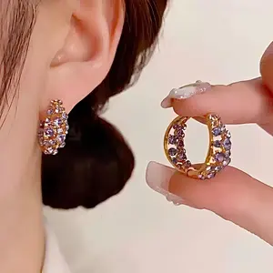 Purple Crystal Hoop Earrings 14K Gold Plated Rhinestone Ear Cuffs Sparkling Hoop Earrings Vintage Inspired Statement Jewelry, Elegant Earrings for Women DZEH2305