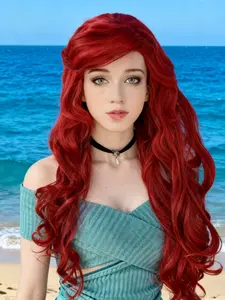 Film and Anime Princess Wig Women's Red Long Curly Wave Cosplay Wig with Heat-Resistant Bangs Cap Suitable for Halloween Party Costumes