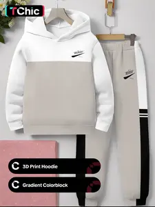 Boys Gradient Colorblock Hoodie Set, Simple Letter 3D Print Two-Piece, Casual Sportswear for Spring & Fall, Ages 5-14