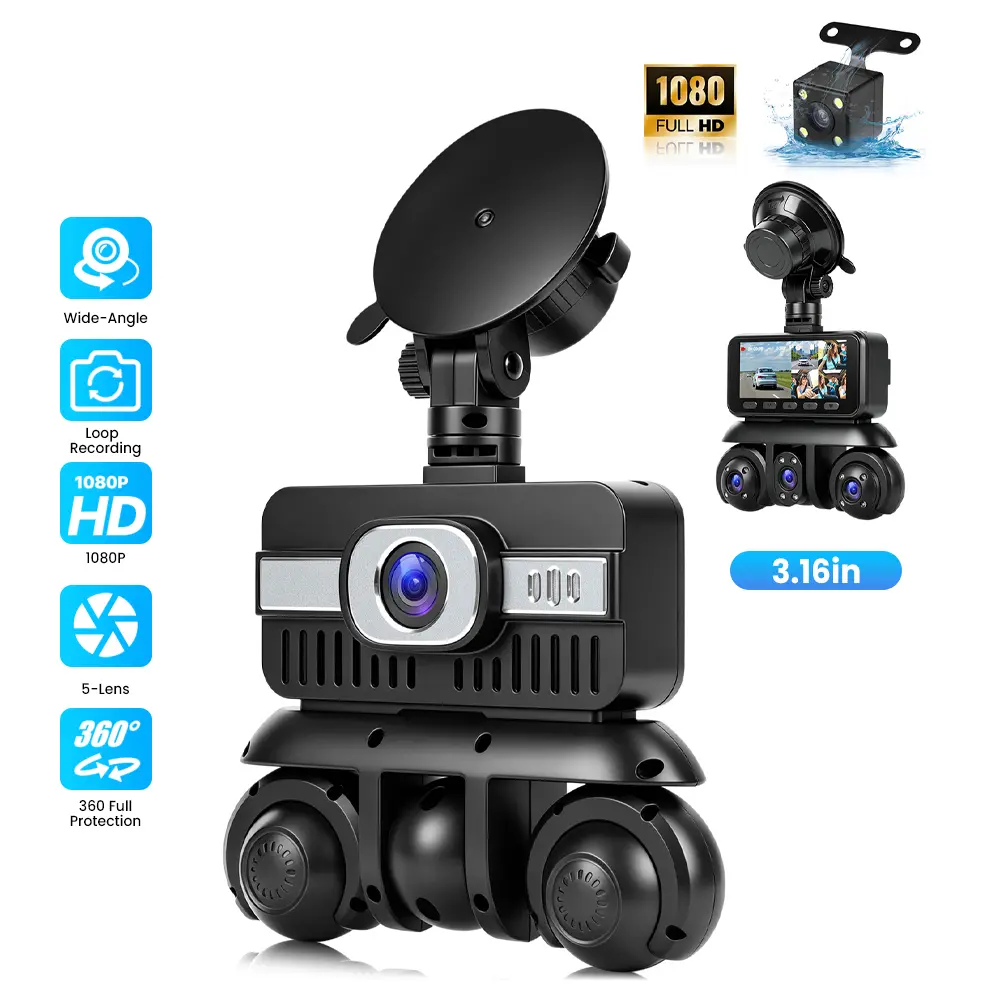 5‑Channel 360° Dash Cam for Car, 1080P Front + 4*480P Inside & Rear Car Camera, 3.16" IPS Screen Night Vision Loop Recording Reverse Assist Car DVR Camera Recorder for All Vehicles