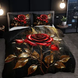 3pcs Luxury Gold Foil Rose Bedding Set (1 Fitted Sheet + 2 Pillowcases), High Definition Print, Romantic Vintage Dark Floral Design