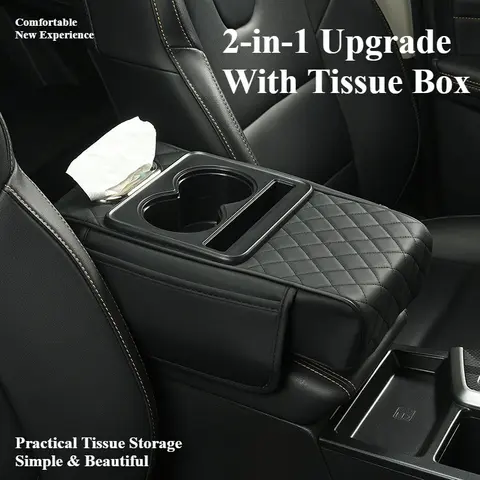 UDROLL Universal Car Storage Organizer - 4-in-1 Multifunctional Center Console Armrest Pad, Car Storage Bag with Cup Holders, Phone Slot, Armrest Pocket, Tissue Box Slot for Long-Distance Travel, Car Storage Organizers