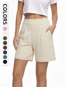 Women's Summer High-Waist Pocket Gym Shorts, Athleisure Shorts, Comfortable Casual Yoga Pants, Loose-Fitting Elastic Waist, Plain Design, Athletic Wear Shorts